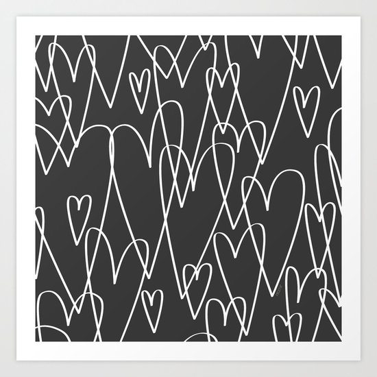 Doodle Hearts in Black by Friztin Art Print