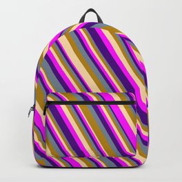 [ Thumbnail: Eye-catching Dark Goldenrod, Tan, Fuchsia, Indigo, and Light Slate Gray Colored Striped Pattern Backpack ]