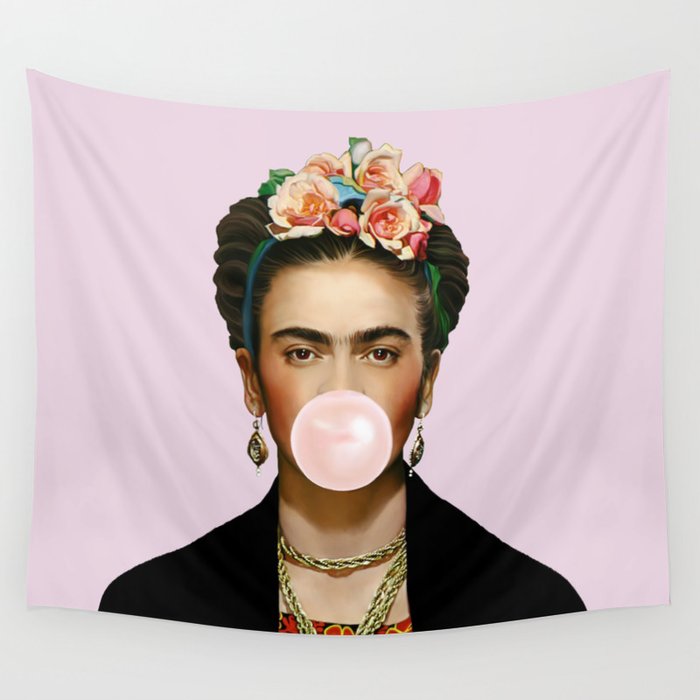 Frida Blowing a Pink Bubble Gum Wall Tapestry