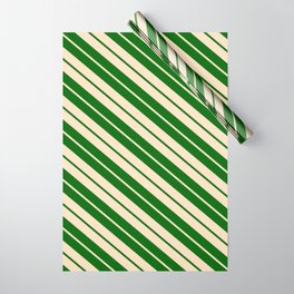 [ Thumbnail: Bisque & Dark Green Colored Stripes/Lines Pattern Wrapping Paper ]