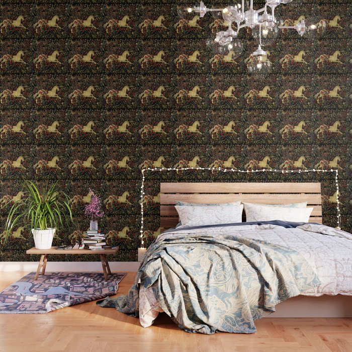 Medieval Unicorn Midnight Floral Garden Wallpaper