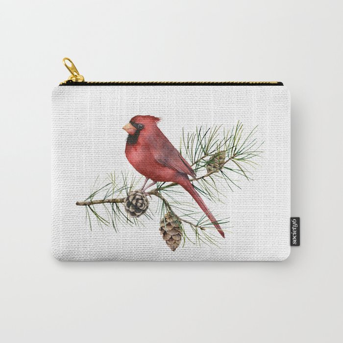 Christmas Red Cardinal Bird and Pine Watercolor Carry-All Pouch