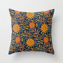 PASSION AND PARADISE Tropical Botanical Floral with Passion Flowers Birds of Paradise Heliconia in Orange Yellow Green Blue Brown on Midnight Blue - UnBlink Studio by Jackie Tahara Throw Pillow