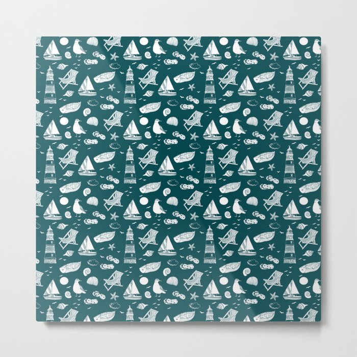 Teal Blue And White Summer Beach Elements Pattern Metal Print