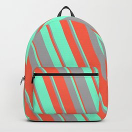 [ Thumbnail: Red, Aquamarine, and Dark Grey Colored Lined/Striped Pattern Backpack ]
