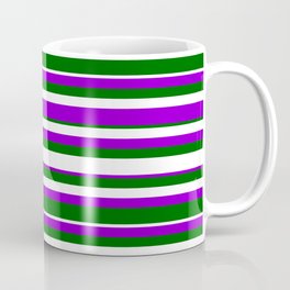 [ Thumbnail: Dark Green, White & Dark Violet Colored Lined Pattern Coffee Mug ]