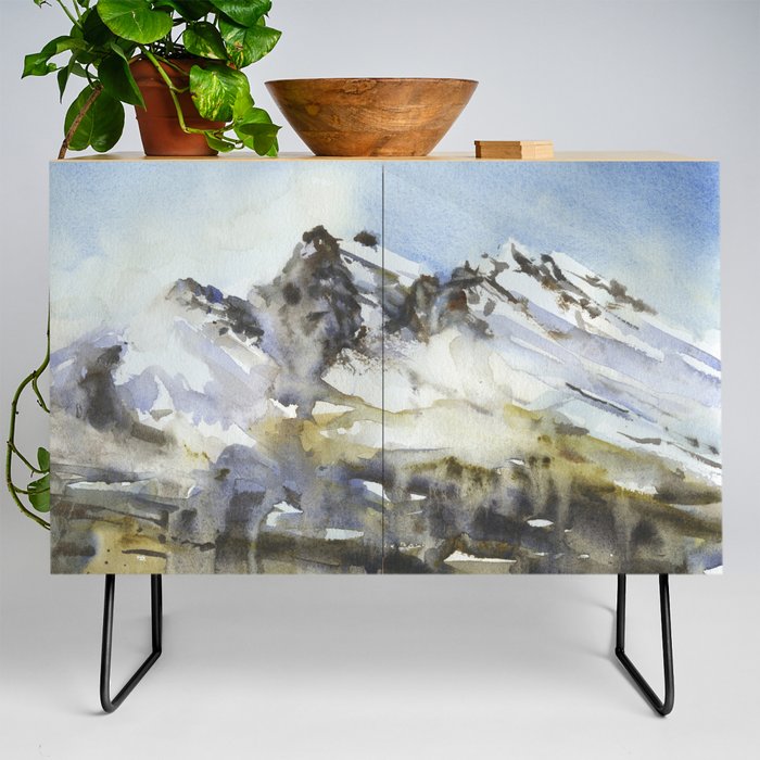 Snowy mountain watercolor landscape.  Fine art painting landscape artwork mountains snowy decor. Credenza