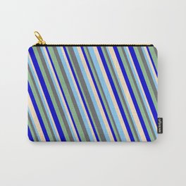 [ Thumbnail: Light Sky Blue, Dim Gray, Dark Sea Green, Blue & Bisque Colored Lined/Striped Pattern Carry-All Pouch ]