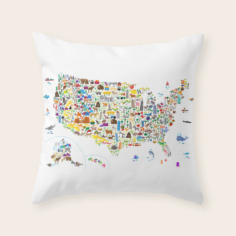 Animal Map Of United States For Children And Kids Throw Pillow By