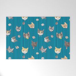 Cats with Paws Pattern/Hand-drawn in Watercolour/Blue Stripe Background Welcome Mat