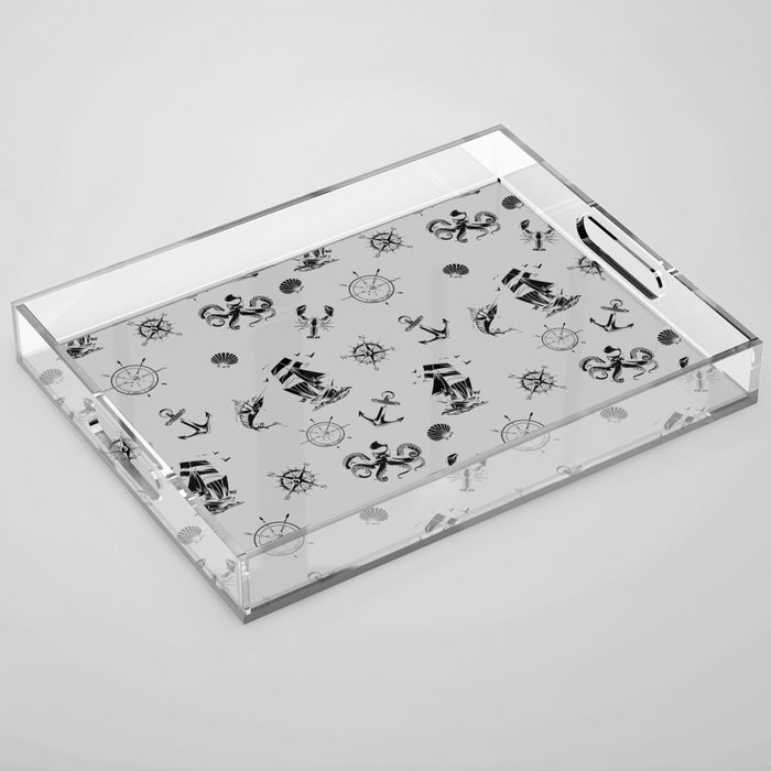 Light Grey And Black Silhouettes Of Vintage Nautical Pattern Acrylic Tray