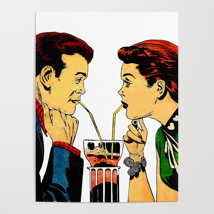 Diner Date - 1950s Young Couple Sharing a Shake Poster
