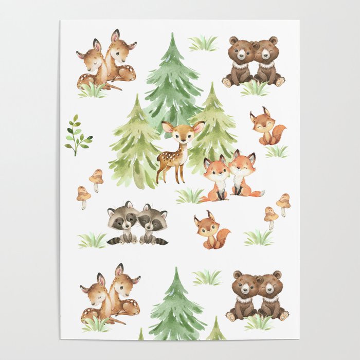 Woodland Forest Animals Nursery Poster