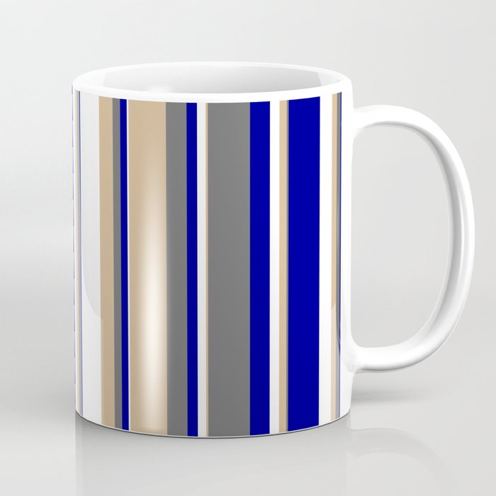 Tan, Dim Grey, Dark Blue & White Colored Striped/Lined Pattern Coffee Mug