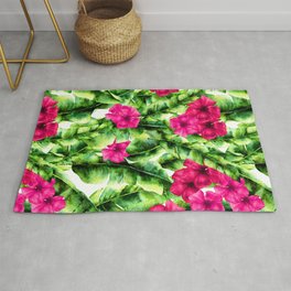 green banana palm leaves and pink flowers Area & Throw Rug