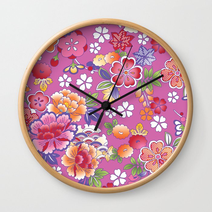 Japanese Vintage Colorful Floral Kimono Pattern Wall Clock