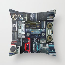 Vintage wall full of radio boombox of the 80s Throw Pillow