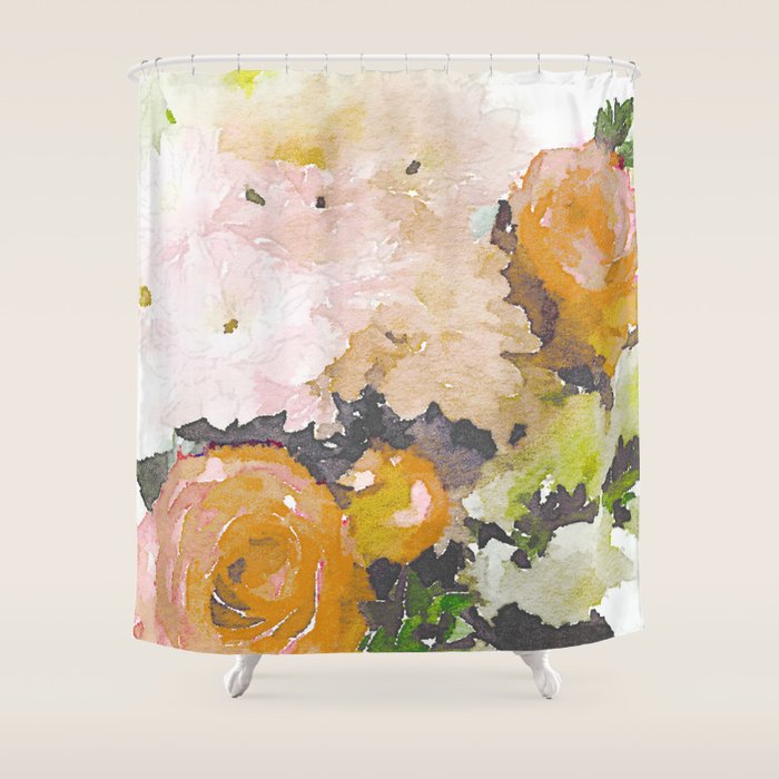 Watercolor Floral Print In Grey Mustard Pastel Pink And Off