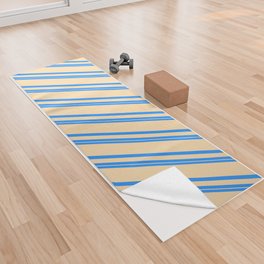 [ Thumbnail: Blue and Tan Colored Stripes Pattern Yoga Towel ]
