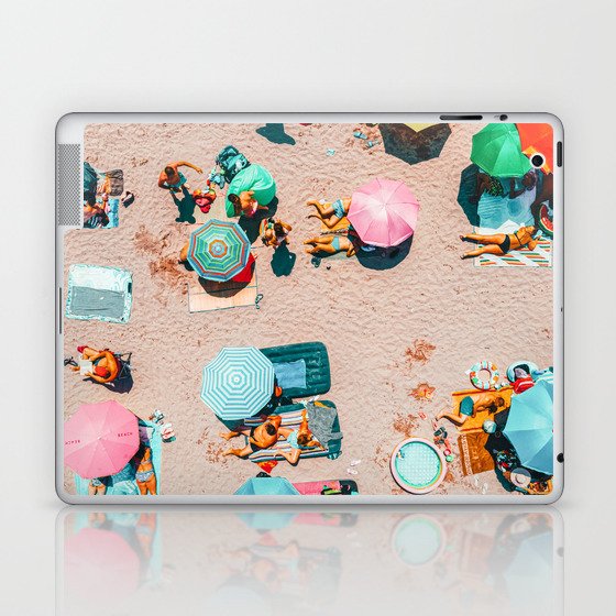 Aerial Drone Summer Beach, People Colorful Umbrellas On Beach Aerial Print, Home Decor Aerial, Minimalist Print, Pastel Beach Laptop & iPad Skin