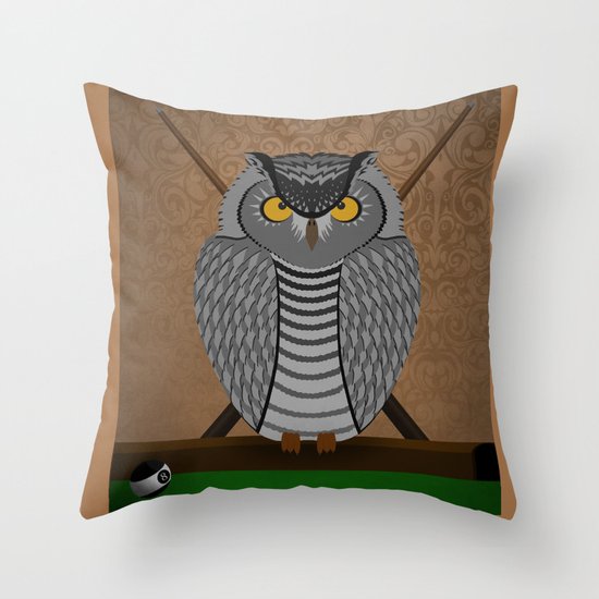 owl playing billiards Throw Pillow