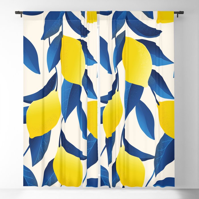 Yellow Limons and Blue Leaves Blackout Curtain
