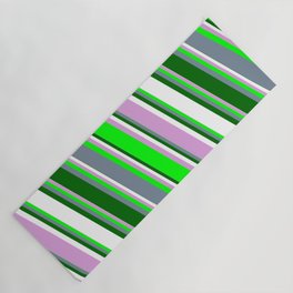 [ Thumbnail: Vibrant Plum, Lime, Light Slate Gray, Dark Green & White Colored Lines/Stripes Pattern Yoga Mat ]