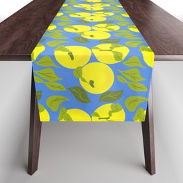 Mid-Century Modern Yuzu Fruit Lemon Yellow On Blue Table Runner