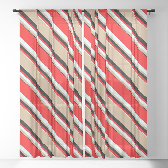 Red, Light Cyan, Tan, and Black Colored Lines/Stripes Pattern Sheer Curtain