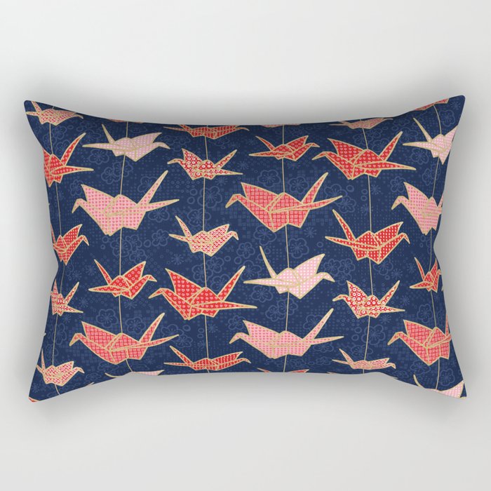Red origami cranes on navy blue Rectangular Pillow
