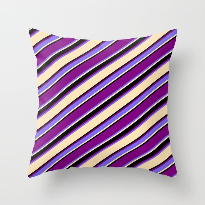 Purple, Medium Slate Blue, Beige, and Black Colored Striped/Lined Pattern Throw Pillow