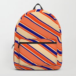 [ Thumbnail: Coral, Red, Tan, and Dark Blue Colored Lines/Stripes Pattern Backpack ]