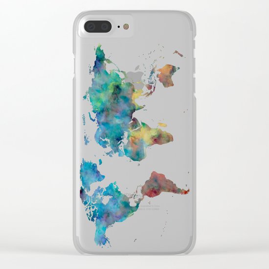 World Map Watercolor Linen Blue Red Yellow Green Clear iPhone Case