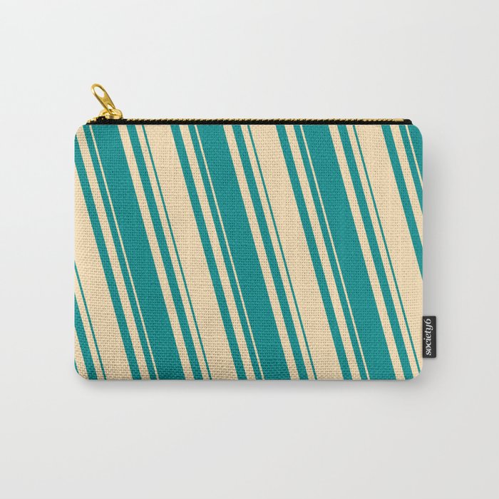 Beige & Dark Cyan Colored Lines/Stripes Pattern Carry-All Pouch