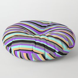 [ Thumbnail: Eye-catching Black, Dim Grey, Purple, Aquamarine & Brown Colored Stripes/Lines Pattern Floor Pillow ]