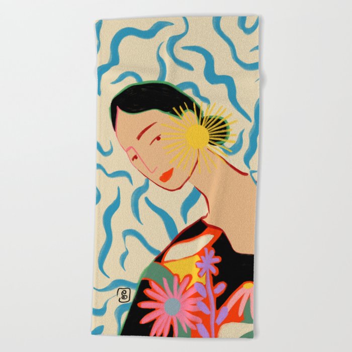 SMILING WOMAN AND SUNSHINE Beach Towel