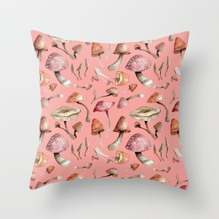 Whimsical Mushrooms in Rosy Hues Throw Pillow