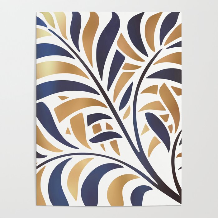 Blue and Gold Modern Leaf Poster