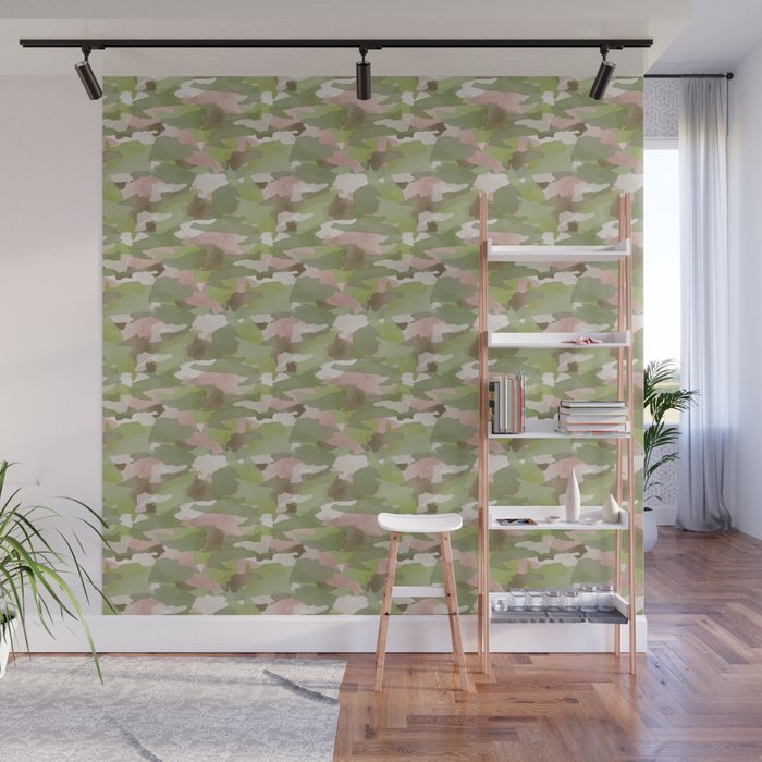 abstract seamless pattern of watercolor stains in colors of green with pink and brown Wall Mural
