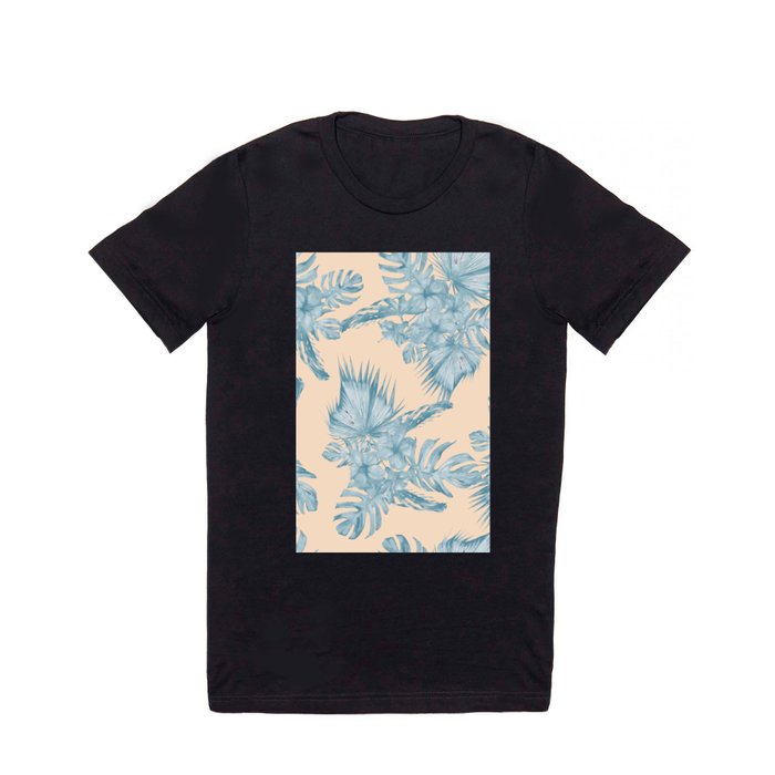 Tropical Flowers and Leaves Blue on Peach Coral T Shirt