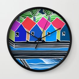 4 Houses with the Moon and the Sun "Paper drawings / paintings" Wall Clock