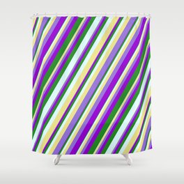 [ Thumbnail: Vibrant Tan, Purple, Dark Violet, Forest Green & Light Cyan Colored Stripes Pattern Shower Curtain ]
