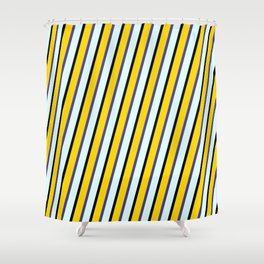 [ Thumbnail: Yellow, Dark Slate Blue, Light Cyan, and Black Colored Lines Pattern Shower Curtain ]