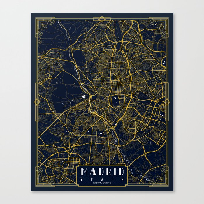Madrid City Map of Spain - Gold Art Deco Canvas Print