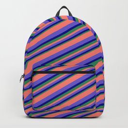 [ Thumbnail: Salmon, Slate Blue, Dark Blue & Sea Green Colored Pattern of Stripes Backpack ]