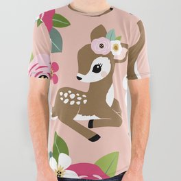 Seamless vintage pattern with cute vintage fawn on pink floral background.  All Over Graphic Tee