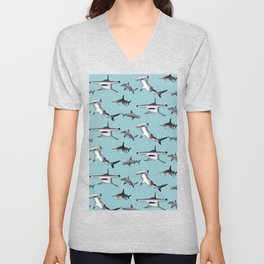 Hammerrhead shark pattern on waterspout blue V Neck T Shirt