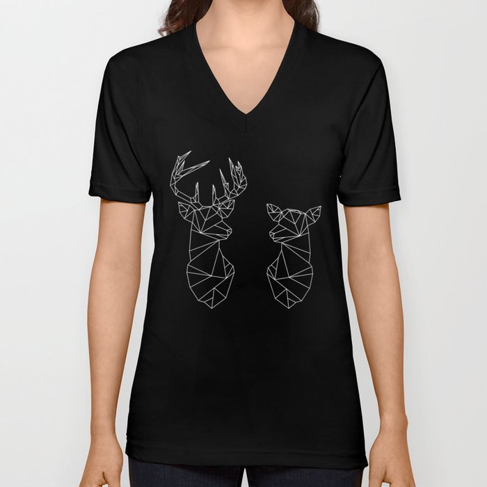 Geometric Stag and Doe (White on Black) V Neck T Shirt