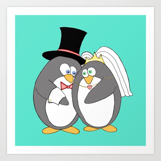 Penguin Married Love Turquoise Art Print