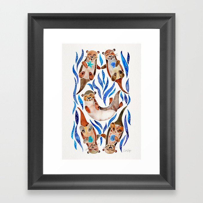 Five Otters – Blue Palette Framed Art Print